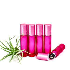 10 Ml Farbige Roll-On Flaschen In Matt Mit Metalldeckel Und Premium-Rollern - Paket Von 5 Rosa